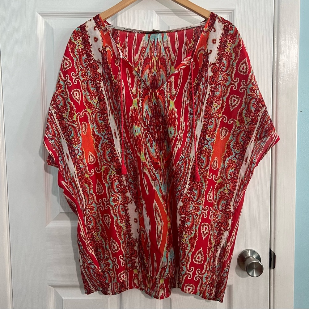 Tommy Bahama Silk Cotton Dolman Sleeve Blouse Size Large Red Pattern Coverup